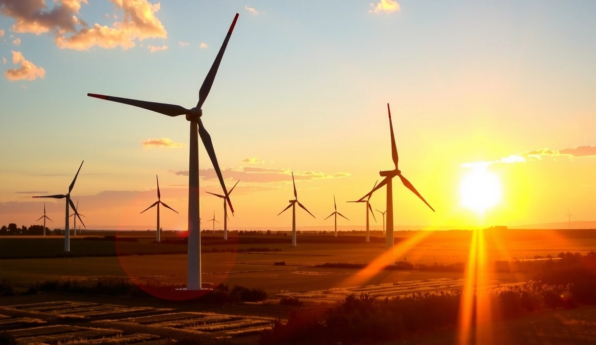 A serene image of a wind turbine farm against a sunset, representing renewable energy and sustainable practices.