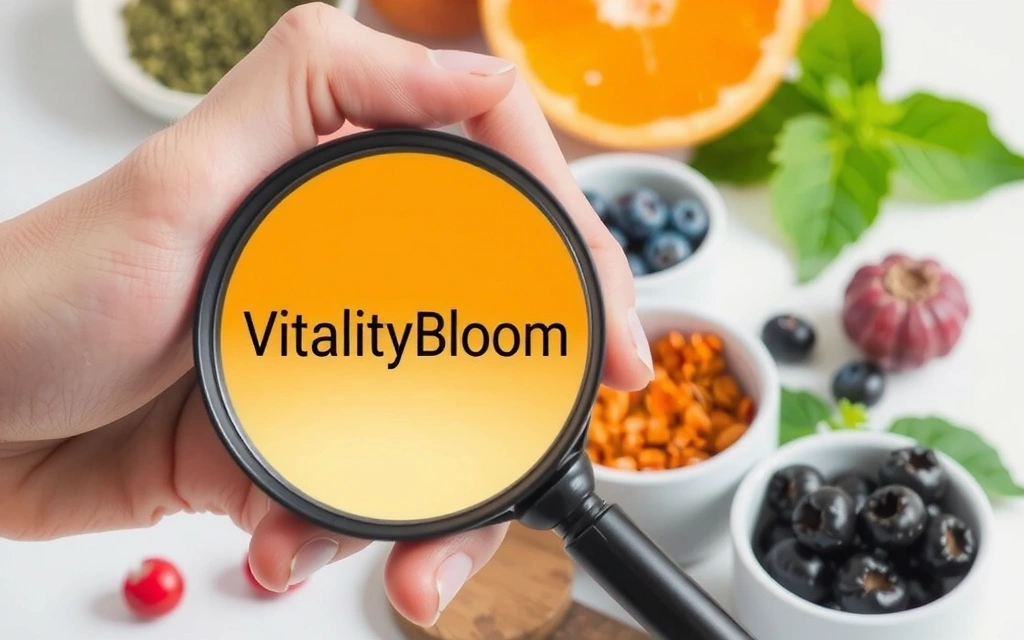 A hand holding a magnifying glass over a product label, emphasizing transparency and ingredient verification, with natural ingredients in the background.